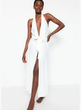 White Maxi Weave 100% Cotton Kimono & Kaftan TBESS23KM00041