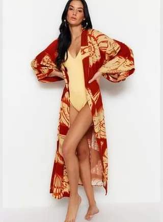 Underwater Patterned Belted Maxi-Weave 100% Cotton Kimono & Kaftan TBESS23KM00067