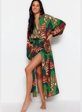 Tropical Pattern Belted Maxi-Weave 100% Cotton Kimono&Caftan.