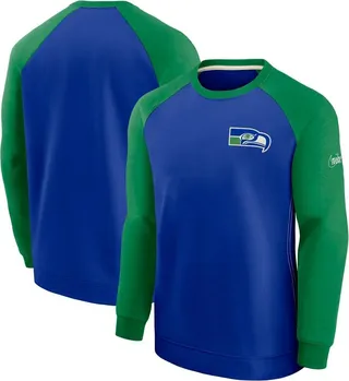 Men's Royal and Green Seattle Seahawks Historic Raglan Crew Performance Sweater
