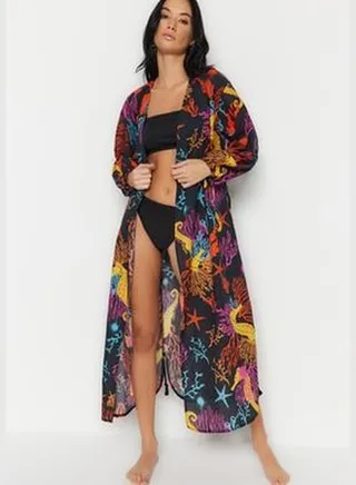 Underwater Patterned Belted Maxi-Weave 100% Cotton Kimono & Kaftan TBESS23KM00063