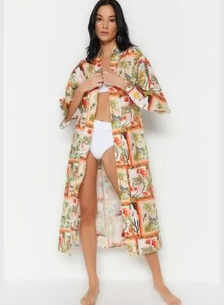 Tropical Pattern Belted Maxi-Weave 100% Cotton Kimono & Kaftan TBESS23KM00064