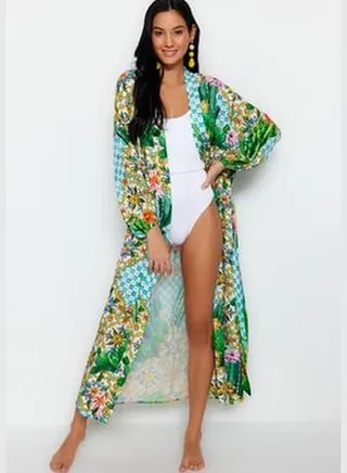 Tile Pattern Belted Maxi-Weave 100% Cotton Kimono & Kaftan TBESS23KM00057
