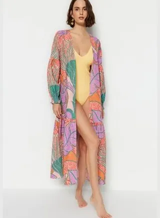 Tropical Pattern Belted Maxi Woven Balloon Sleeves 100% Cotton Kimono & Kaftan TBESS23KM00103