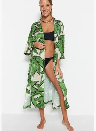 Tropical Patterned Belted Maxi Woven Kimono & Kaftan TBESS23KM00061