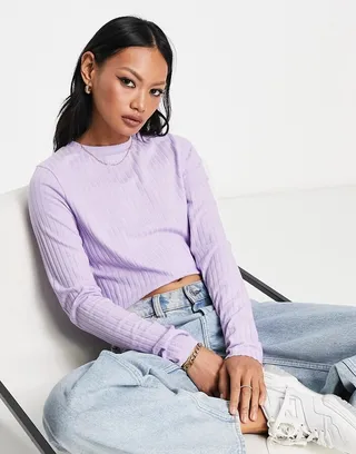 ASOS DESIGN chunky rib long sleeve top in lavender heather