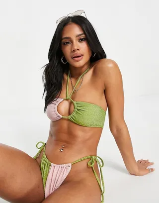 ASOS DESIGN tie side bikini bottom in pink and green glitter