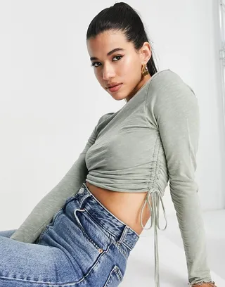 ASOS DESIGN ruched side slubby top in laundry wash in sage