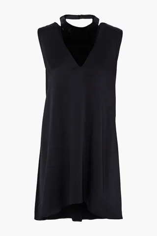Asymmetric layered hammered-satin and velvet mini dress