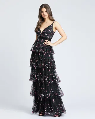 Embellished Sleeveless Ruffle Tiered Gown
