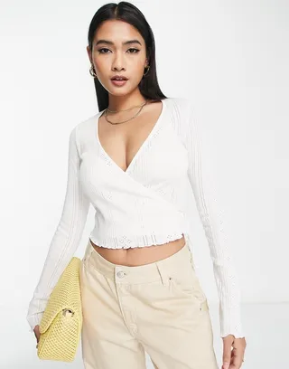 ASOS DESIGN pointelle wrap top in ecru