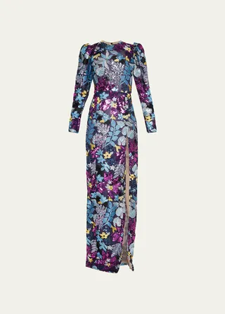 Floral-Embroidered Sequined Column Gown