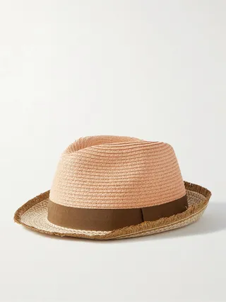 Grosgrain-Trimmed Striped Braided Straw Trilby Hat