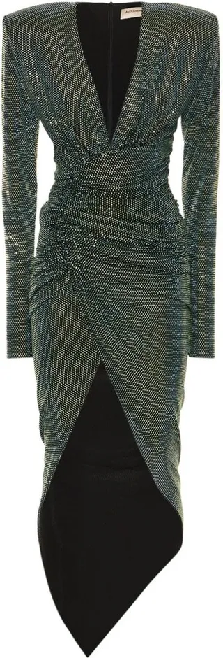 Strassed v neck draped long dress