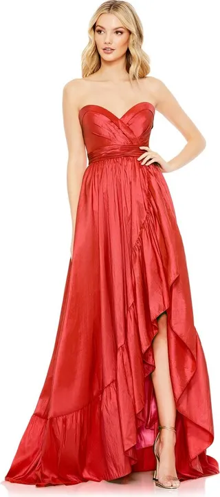 Asymmetrical Strapless Ruffle Gown