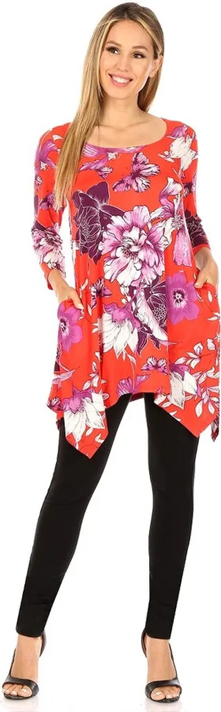 Women's Floral Scoop Neck Tunic Top with Pockets Red Small - White Mark