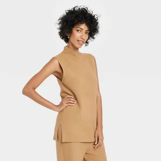 Women's Mock Turtleneck Ribbed Sweater Vest - A New Day™ Brown L