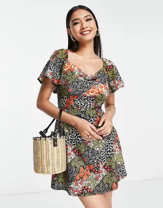 ASOS DESIGN flutter sleeve mini tea dress with cowl neck in red patchwork print