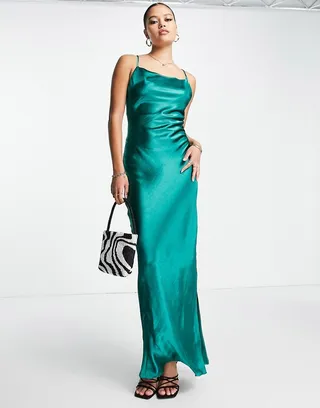 ASOS DESIGN cami maxi slip dress in high shine satin with lace up back in green