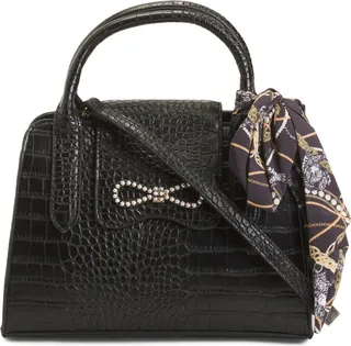 Croco Triple Compartment Satchel With Pearl Bow Detail