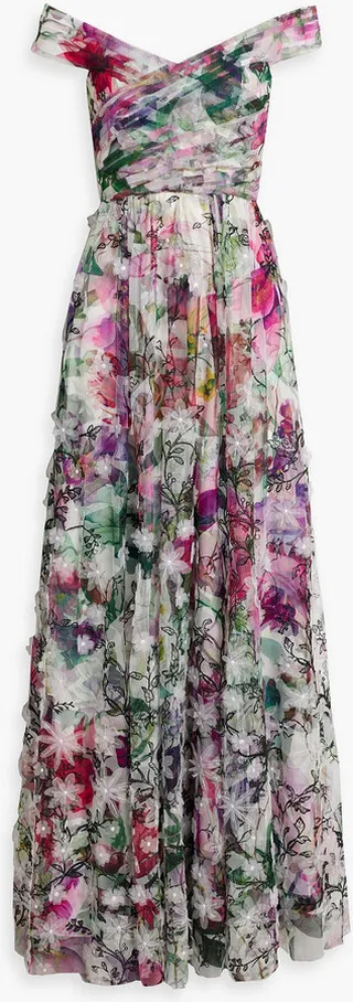 Off-the-shoulder pintucked floral-print tulle gown