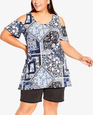 Avenue Plus Size Clarice Cold Shoulder Print Tunic
