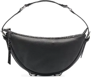 Black Leather Handbag With Silver-colored Details Woman