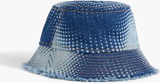 Frayed printed denim bucket hat