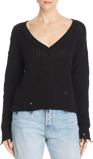 Freeman Womens Destroyed Ribbed V-Neck Sweater
