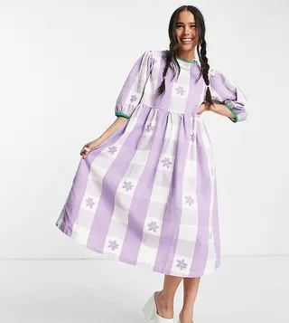 COLLUSION twill gingham midi smock dress in lilac