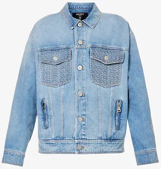 Mens Blue Monogram-embellished Boxy-fit Denim Jacket