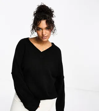ASOS DESIGN Curve chunky v neck sweater in black