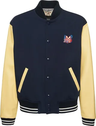 Leather sleeve bomber jacket