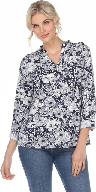 Pleated Long Sleeve Floral Print Blouse Navy XLarge - White Mark