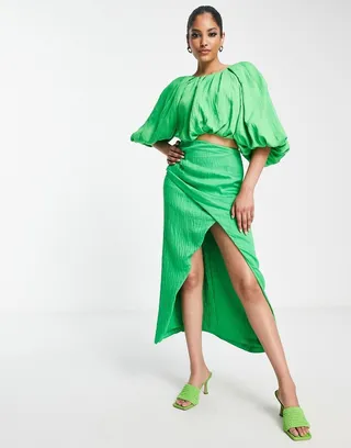 ASOS EDITION drape front textured midi skirt in bright green