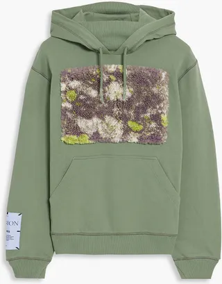Printed faux shearling-paneled French cotton-terry hoodie