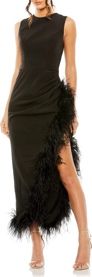 Feather Trim Asymmetric Dress
