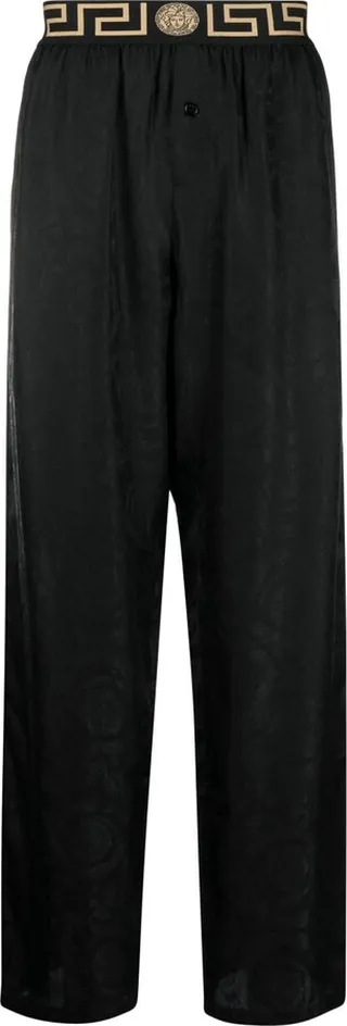 Black Greca Pattern Straight Leg Trousers