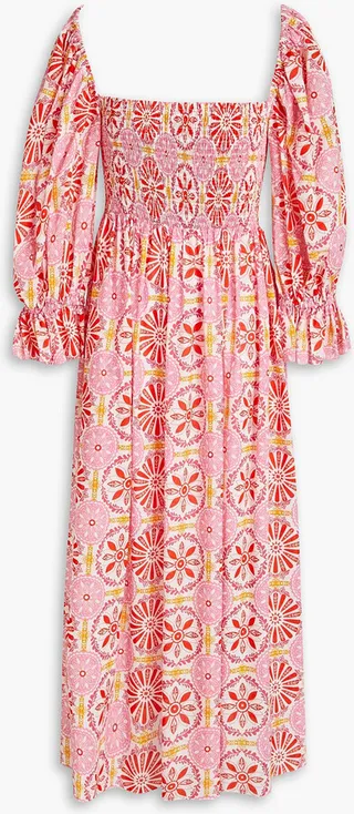 Shirred printed cotton-poplin midi dress