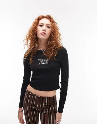 Topshop graphic embroidered rendez vous long sleeve baby tee in black