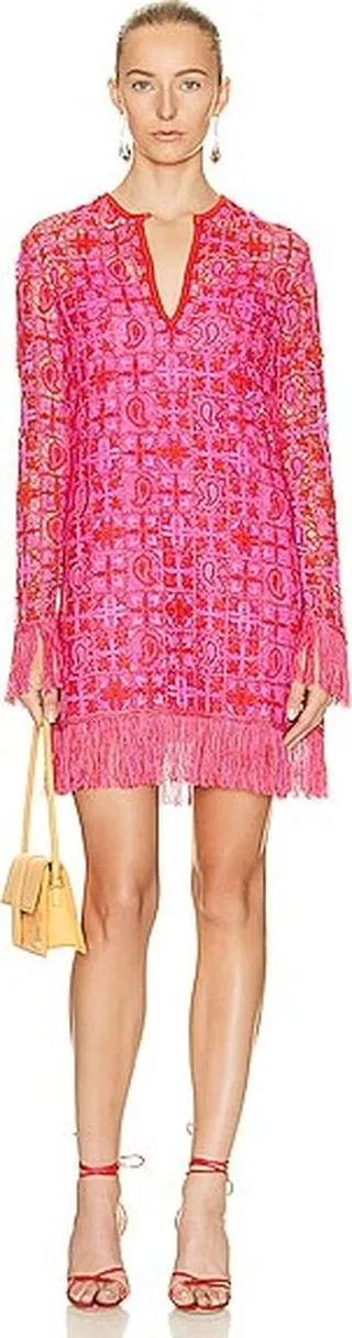 Etro Embroidered Fringe Dress in Red