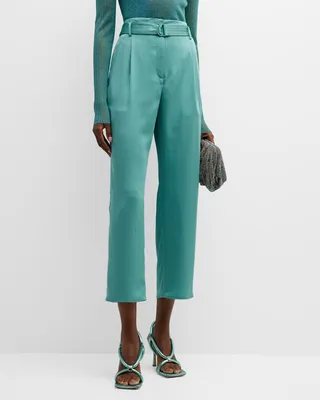 Satin Cropped Trousers with Belted Waist