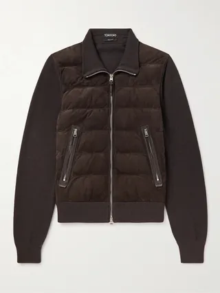 Suede-Panelled Ribbed Merino Wool and Cashmere-Blend Jacket