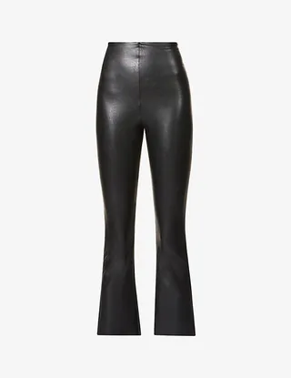 Womens Black Cropped Flared High-rise Faux-leather Trousers