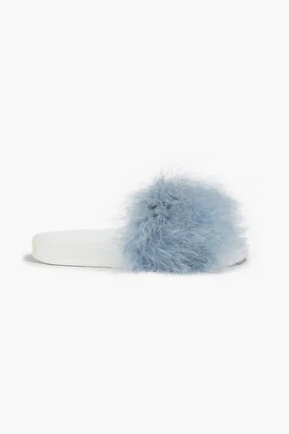Feather-embellished leather slides