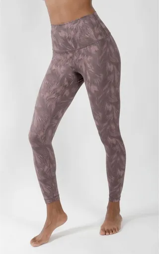 90 Degree By Reflex Wonderlink Elastic Free High Waist Feather Palm Tree Print Basic Ankle Legging - Mauve Taupe - X Small