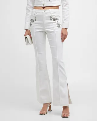 Haylie Crystal Floral Split-Cuff Flared Pants