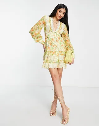 ASOS DESIGN chiffon tiered mini dress with lace applique in meadow ditsy floral