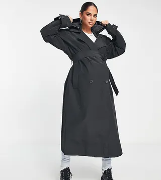 ASOS DESIGN Maternity trench coat with faux leather hood in black
