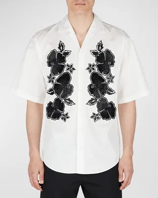 Men's Goth Embroidered Flower Camp Shirt